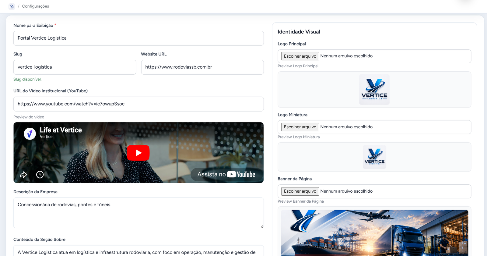 Tela de configuração do Portal de Vagas com campos de identidade visual
